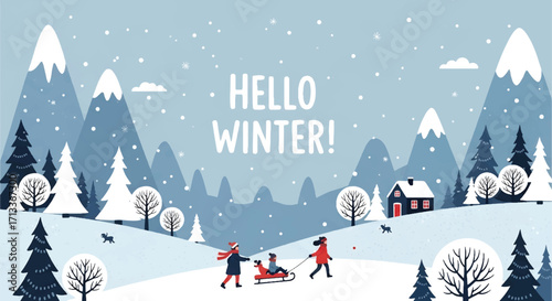 Adobe illustrator artwork vector illustration of a stunning winter landscape with people sledding down a snowy hill, majestic mountains, pine trees, a cozy cabin, and "Hello Winter!" text, perfect
