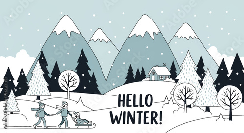 Adobe illustrator artwork vector illustration of a stunning winter landscape with people sledding down a snowy hill, majestic mountains, pine trees, a cozy cabin, and "Hello Winter!" text, perfect