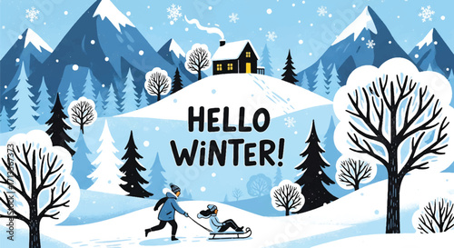 Adobe illustrator artwork vector illustration of a stunning winter landscape with people sledding down a snowy hill, majestic mountains, pine trees, a cozy cabin, and "Hello Winter!" text, perfect