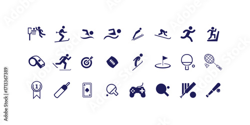 Fitness web icon set in thin line vector style featuring volleyball, gym, pool, diet, scale, exercise, workout and health related graphic illustrations for wellness
