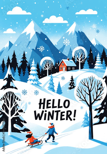 Adobe illustrator artwork vector illustration of a stunning winter landscape with people sledding down a snowy hill, majestic mountains, pine trees, a cozy cabin, and "Hello Winter!" text, perfect