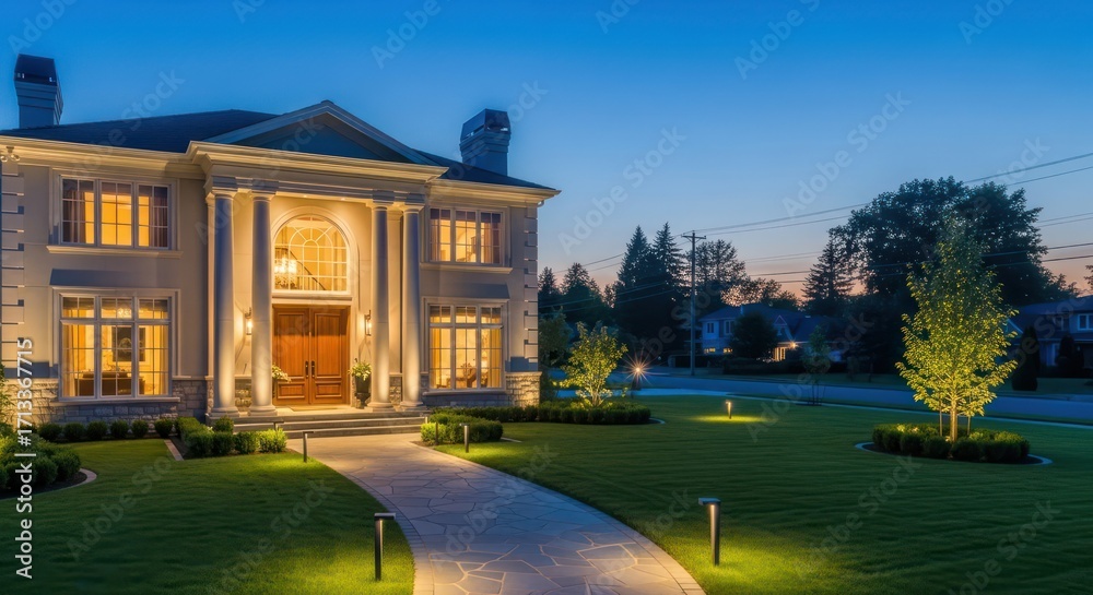 Fototapeta premium Elegant mansion illuminated at twilight, showcasing architectural design and landscaping with