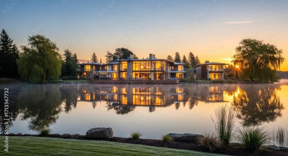 Naklejka premium Serene lakefront estate glows at sunrise a tranquil and luxurious residential panorama