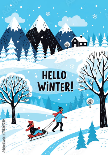 Adobe illustrator artwork vector illustration of a stunning winter landscape with people sledding down a snowy hill, majestic mountains, pine trees, a cozy cabin, and "Hello Winter!" text, perfect