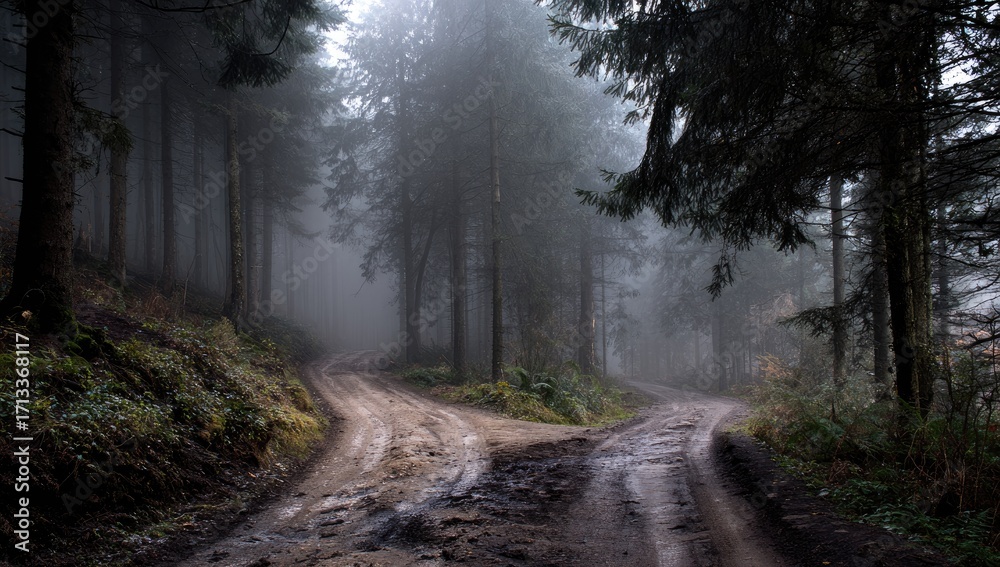 Obraz premium A misty, autumnal forest path forks, revealing a muddy, rutted track disappearing into the fog-shrouded trees. The air is damp and still, hinting at a mysterious, secluded atmosphere