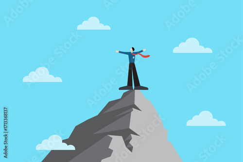 Flat vector of an entrepreneur at the summit, symbolizing success, achievement of goals, and the triumph of hard work in business and professional life.