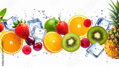 Fresh Fruit Fantasy: A vibrant arrangement of diverse fruits, interspersed with refreshing ice cubes and water droplets, creating a tantalizing display of freshness and flavor.