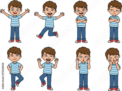 Cartoon boy character set, emotional expressions, happy, sad, surprised, thinking, confident, playful, children illustration, educational, storytelling design