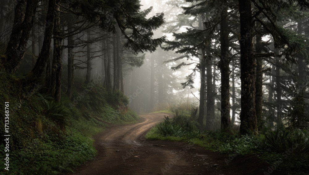 Obraz premium A misty, winding dirt road disappears into a dense, dark evergreen forest, the path shrouded in fog, lush ferns lining the roadside