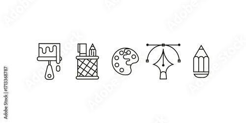 Comprehensive vector icon collection of graphic design and art related symbols, tools, digital devices, and creative illustrations for branding, websites, and multimedia projects