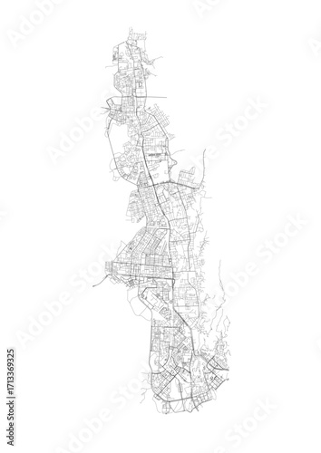 A detailed black and white vector map of Navi Mumbai’s highway system and major urban road infrastructure.