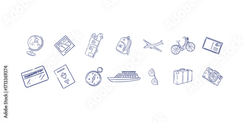 Hand-drawn travel icon collection featuring doodle-style vector illustrations of tourism elements, vacation symbols, landmarks, transportation, and adventure-related graphic clipart