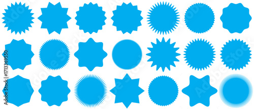 Set of blue starburst. Price sticker, sale sticker, price tag, starburst, quality mark, retro stars, sale. Circle sticker set. Blue starburst shape tags for price tags 