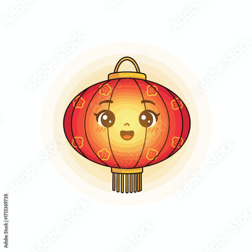 Adorable red Chinese lantern with a happy smiling kawaii face. Cute cartoon vector illustration for Lunar New Year celebration