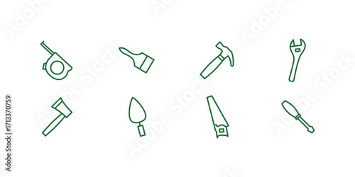 Labor Day tools icons set in flat vector design featuring construction tools, repair instruments, work gear and equipment for industry, labor, and celebration use