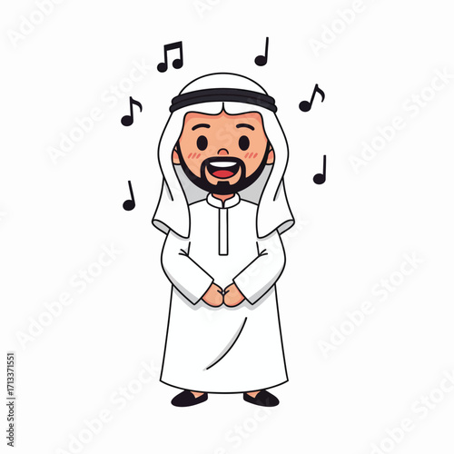 Cheerful cartoon illustration of an Arab man wearing a traditional thobe and ghutra, happily singing or listening to music, surrounded by floating musical notes