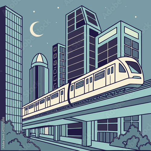 Vector art of a futuristic cityscape at night with an elevated train passing through the buildings under a crescent moon and stars, creating a serene yet modern urban scene