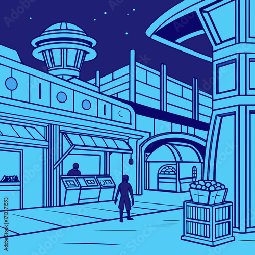 Vector art of a futuristic marketplace scene with people browsing stalls under a starry sky, showcasing advanced architecture and a vibrant, bustling atmosphere in a retro style
