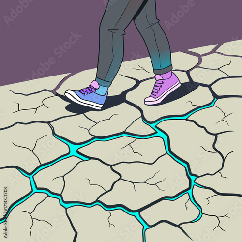 Vector art of a person in sneakers walking on cracked ground with water, symbolizing the journey of finding solutions and overcoming obstacles in a creative endeavor