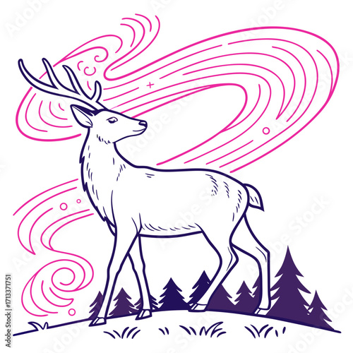 Vector art of a serene deer stands tall amidst a minimalist landscape, with swirling aurora borealis above and evergreen trees below, , vector art
