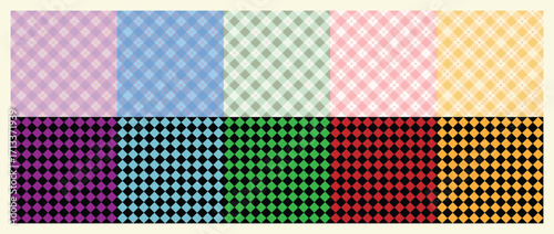 Vector seamless textile pattern set featuring geometric and fabric-inspired designs in multiple color variations. Ideal for fabric prints, fashion, wallpaper, and decorative backgrounds.