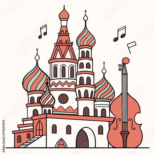Vector art of a whimsical illustration of saint basils cathedral in moscow, russia, accompanied by a cello and musical notes, creating a charming and cultural scene