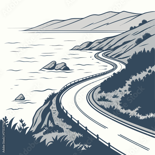 Vector art of a winding coastal road hugs the shoreline, with mountains in the distance and rocks in the sea, creating a picturesque view