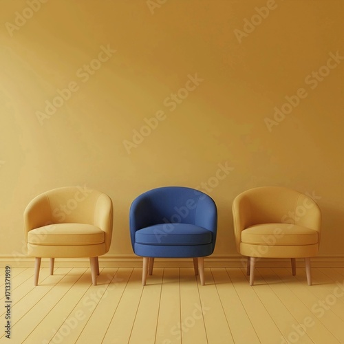 One blue chair creating contrast among two yellow chairs in a minimalist waiting area