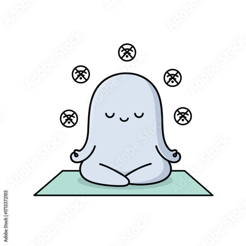 Cute cartoon ghost meditating peacefully in lotus position surrounded by ethereal orbs, symbolizing inner peace and tranquility