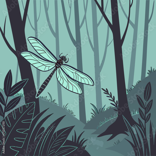 Vector art of dragonfly flying through a forest clearing with trees and plants in the foreground and background creating a natural frame, a serene and peaceful nature scene
