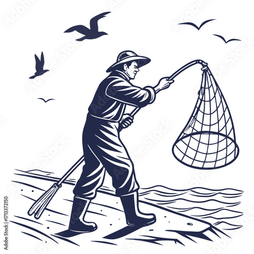 Vector art of fisherman with a fishing net on the beach with seagulls flying in the sky, a vintage vector illustration in monochrome style