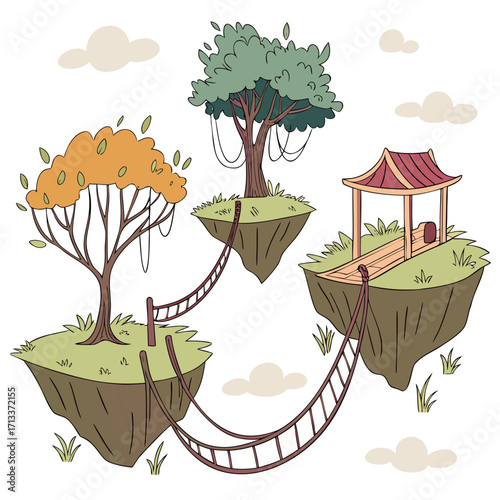 Vector art of floating islands connected by rope bridges, featuring trees and a pagoda, creating a serene and fantastical landscape