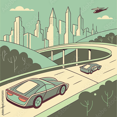 Vector art of futuristic city landscape with sleek cars on a highway, featuring modern architecture, flying vehicles, and a vibrant color palette creating a dynamic scene