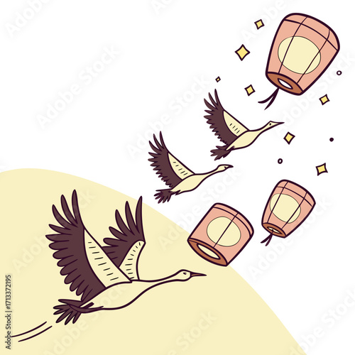 Vector art of graceful crane flying with sky lantern elegant bird carrying paper lantern traditional asian festival celebration peaceful scene of birds