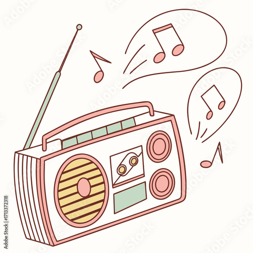 Vector art of retro radio playing music vintage boombox with antenna and music notes oldfashioned radio receiver broadcasting sound and melody