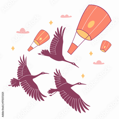 Vector art of serene crane flying with sky lantern peaceful bird carrying paper lantern traditional asian festival celebration calm scene of birds