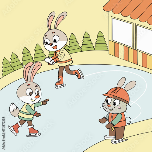 Vector art of three playful bunny friends are enjoying a delightful ice skating session on a frozen pond, embracing the winter season with joy and camaraderie