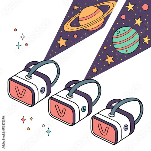 Vector art of three virtual reality headsets projecting images of planets and stars, creating an immersive and futuristic experience