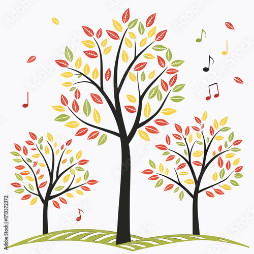 Vector art of three trees with colorful leaves and musical notes, creating a whimsical and harmonious scene, perfect for autumnthemed designs