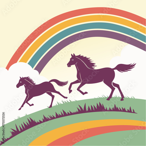 Vector art of two horses jumping over a rainbow on a hill, creating a whimsical and joyful scene, perfect for childrens illustrations and fantasythemed designs