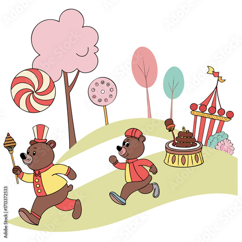 Vector art of two cute bears are running in a candy land with lollipop trees, a circus tent, and a chocolate cake, creating a whimsical and playful scene