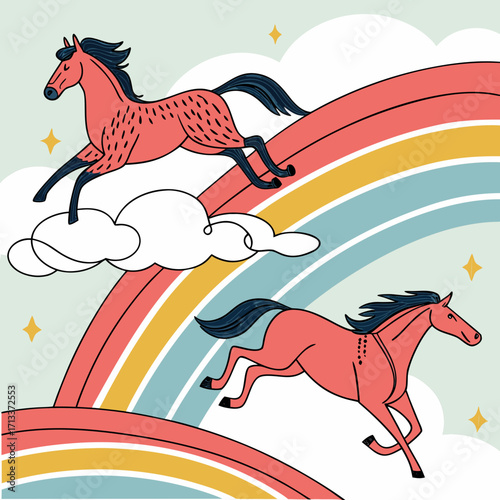 Vector art of two horses jumping over a rainbow with clouds, creating a whimsical and joyful scene, perfect for childrens illustrations and fantasythemed designs