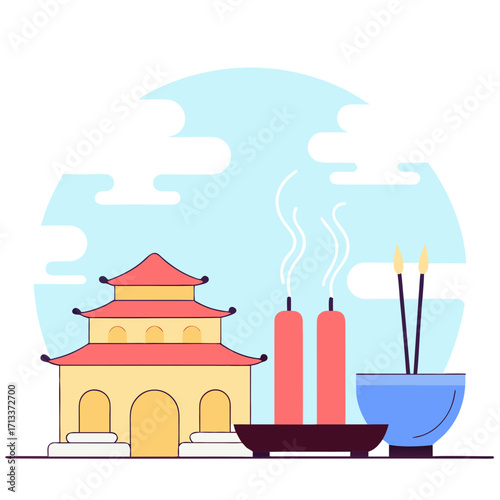 A flat clean vector illustration of soft temple incense smoke swirling gently in the air. Minimal abstract shapes, isolated on white background.