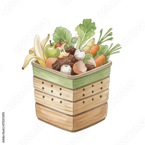 Vibrant concept art of home composting, showcasing organic waste like fruit peels and vegetable scraps in a tiered bin for sustainable soil enrichment