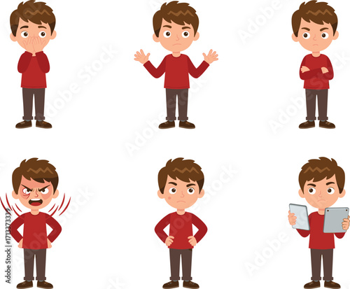 Cartoon boy emotions, shocked surprised face, confused gesture, angry reaction, frustrated child, skeptical expression, emotional character design, educational illustration, mood icons