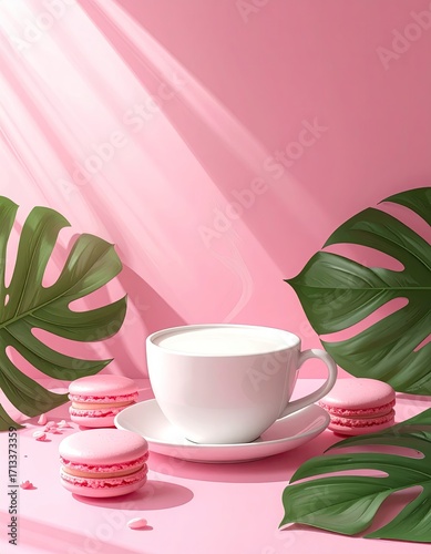 Pink aesthetic scene with coffee cup, macarons, and tropical leaves
