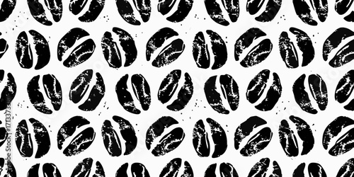 Seamless pattern of black coffee beans with a distressed texture on a white background