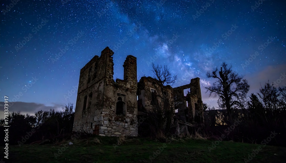 Obraz premium Dilapidated stone building under a vivid starry night sky, trees silhouetted against the celestial display