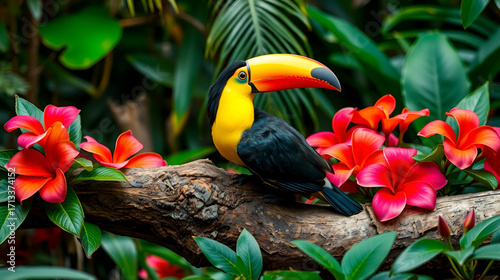 A keel billed toucan resting on a log with vivid jungle flowers around
