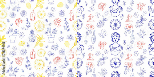 Hand drawn sketch seamless pattern with classical busts flowers fruits and bottles in blue yellow and red